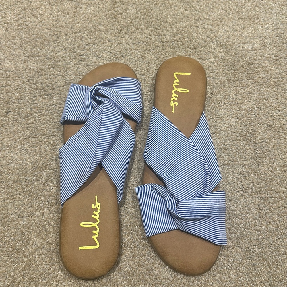New blue and white stripe cross over slip on sandals